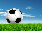image of competition  - Concept or conceptual 3D soccer ball in fresh green summer or spring field grass with a blue sky background - JPG 