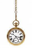 stock photo of watch  - Gold pocket watch and chain isolated on a white background - JPG 