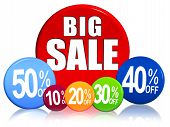foto of percentage  - words big sale and different percentages in 3d colorful circles - JPG 