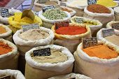 foto of france  - Herbs and spices in jute bags at a Provencal market in France - JPG 