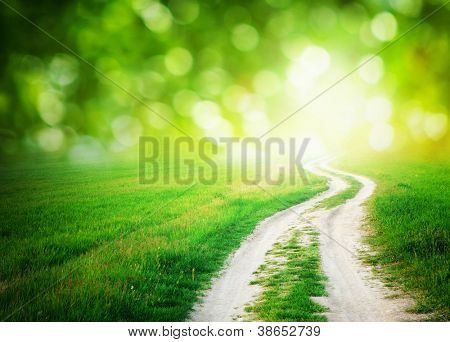 Picture or Photo of Lane in meadow and deep blue sky. Nature design.