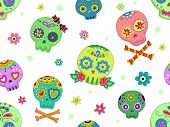 stock photo of skull  - Seamless Background Halloween Illustration Featuring Colorful Sugar Skulls - JPG 