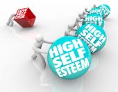 stock photo of respect  - A person with low self esteem is losing the race of life against people with high self assuredness and respect - JPG 