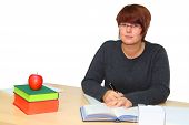 pic of blue sky  - Young woman looking like a student or teacher and books - JPG 