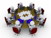 image of puzzle  - 3d businessmen around a table with puzzle are looking at their laptops - JPG 