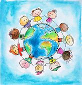 stock photo of earth  - Children of different races hugging the planet Earth - JPG 
