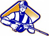 picture of pressure  - Illustration of a worker with water blaster pressure power washing sprayer spraying set inside diamomnd shape facing front done in retro style - JPG 