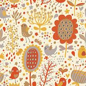 image of patterns  - Bright seamless pattern with cute birds and flowers - JPG 