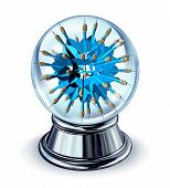 stock photo of forecast  - Target predictions and future business strategy forecast as a crystal ball with a group of blue darts going in all directions as a concept of predicting financial opportunity - JPG 