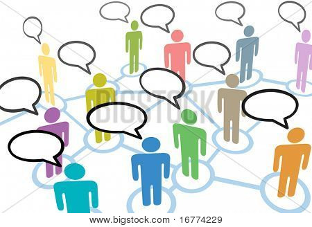 Picture or Photo of A group of diverse people talk in social media speech communication network connections