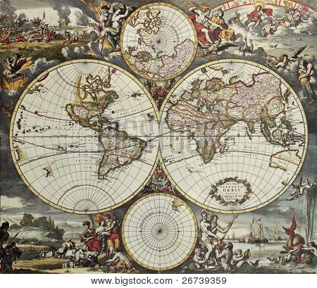 Picture or Photo of Old map of world hemispheres. Created by Frederick De Wit, published in Amsterdam, 1668