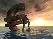 stock photo of currency  - High resolution conceptual 3D currency euro sign or symbol sinking in water with a businessman in sea or ocean as a concept for European crisis or as a metaphor for financial - JPG 