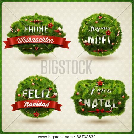 Picture or Photo of "Merry Christmas" in different languages (German, Spanish, French, Portuguese). Creative Christmas label.