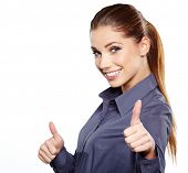 stock photo of currency  - Happy smiling business woman with ok hand sign - JPG 