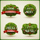 stock photo of illustration  - "Merry Christmas" in different languages (German, Spanish, French, Portuguese). Creative Christmas label. - JPG 