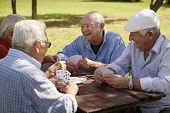 foto of nature  - Active retirement old people and seniors free time group of four elderly men having fun and playing cards game at park - JPG 