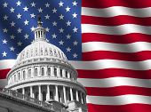 stock photo of buildings  - dome of US Capitol building Washington DC with rippled American flag - JPG 