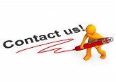 picture of character  - Orange cartoon character with red ballpen and text Contact us - JPG 