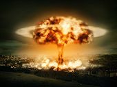 stock photo of buildings  - Explosion of nuclear bomb over city - JPG 