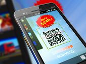 image of code  - Macro view of smartphone scanning QR code for shopping - JPG 