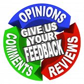 picture of opinion  - The words Give Us Your Feedback on three arrows with Opinions - JPG 