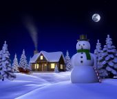 foto of snow  - A Christmas themed snow scene showing Snowman Cabin and snow sleigh at night - JPG 