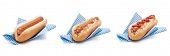 image of dog  - Selection of hot dogs with onions in napkins on a white background - JPG 