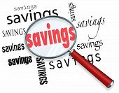 picture of money  - A magnifying glass hovering over several instances of the word Savings - JPG 