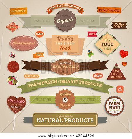 Picture or Photo of Set of vector labels, banners and ribbons for organic, fresh and farm products design, paper texture
