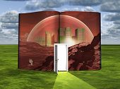 pic of science  - Book with science fiction scene and open doorway of light - JPG 