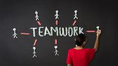 pic of teamwork  - A person drawing a teamwork diagram with chalk on a blackboard - JPG 