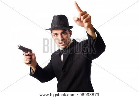 Poster: Young elegant man holding handgun