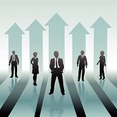 stock photo of business people  - A group of Business People team up to rise in advancement on up arrows - JPG 