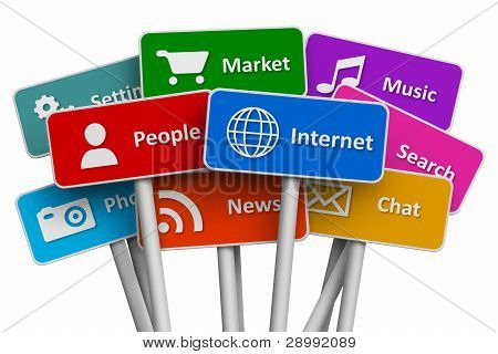Picture or Photo of Internet and social media concept: set of color signs with icons of internet and social media services isolated on white background