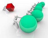stock photo of competition  - An unfair race or competition symbolized by a person attempting and failing to push a square or cube while competitors quickly move spheres or balls forward to win - JPG 