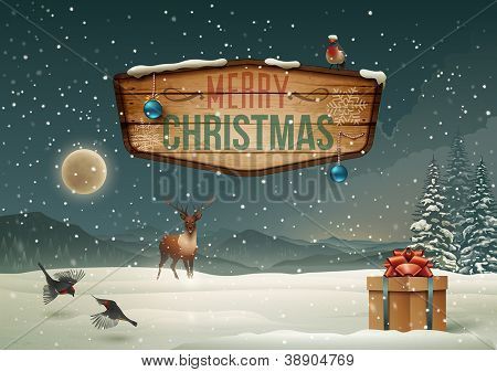 Picture or Photo of Winter holidays landscape with wooden sign. Vector Illustration.