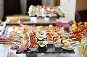 stock photo of setting  - Luxury food and drinks on wedding table - JPG 